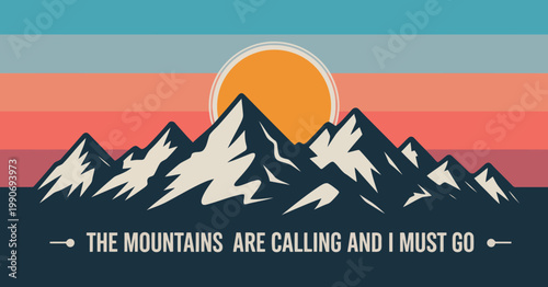 A scenic illustration of majestic snow covered mountains under a striped sky with a vibrant sun