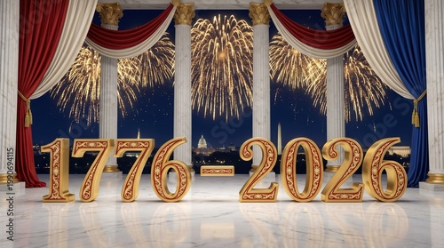 Celebration of 250 Years of American History 1776-2026 with Fireworks and Decorations