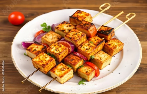 Grilled paneer skewers on a plate.