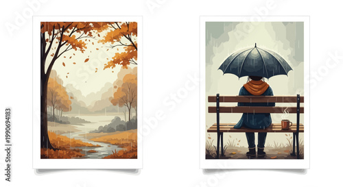 Autumn scenery, rainy day, landscape illustrations, vector art