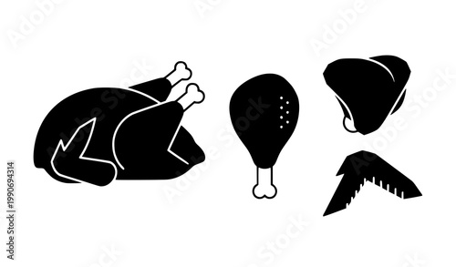 Chicken silhouette icon set vector roasted poultry minimal food illustration