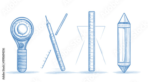 Line-art depiction of engineering tools wrench, scalpel, ruler, and a pencil, all in shades of blue