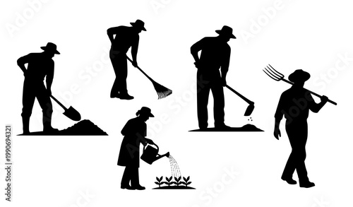 Farmer silhouettes vector gardening tools agriculture farming illustration