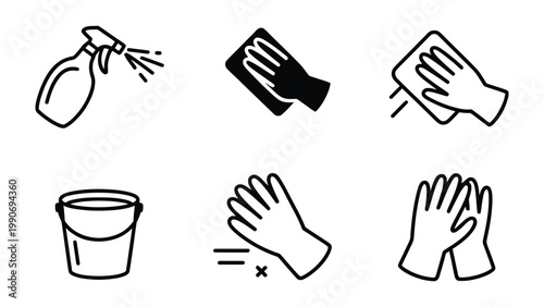 Cleaning Essentials: A simple and clean illustration depicts essential cleaning tools, including a spray bottle, microfiber cloths, gloves, and a bucket, symbolizing cleanliness.