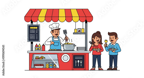 People eating at food cart stand.