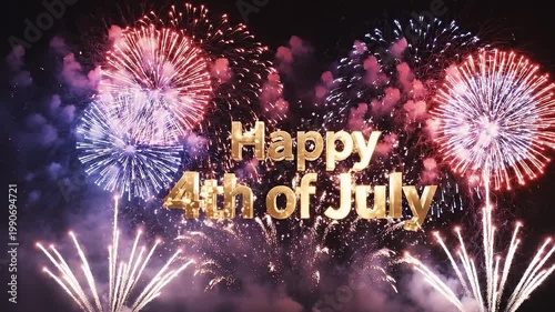 Happy 4th of July 3D text animation with Independence Day fireworks, glowing red white and blue sparks in night sky, 8K 60fps seamless loop. 2026