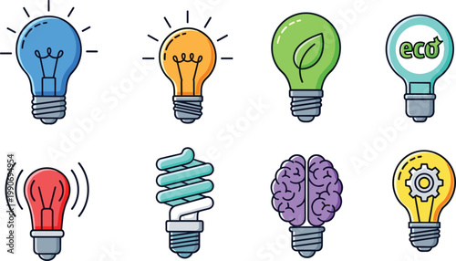 Light bulb idea flat icon set with innovation energy eco brain and creative thinking symbols collection
