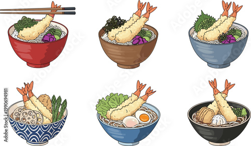 Japanese Tempura Rice Bowl Illustration Set with Shrimp, Vegetables, and Traditional Donburi Dishes for Asian Cuisine Menu Design and Restaurant Food Graphics