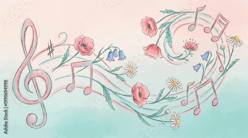 Watercolor illustration of musical notes and flowers