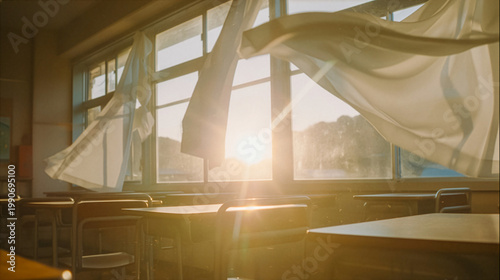 夕暮れ時の放課後の教室で、開いた窓から入る風に白いカーテンがなびき、黄金色の夕日が差し込むノスタルジックな風景
