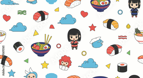 Seamless Pattern with Kawaii Anime Characters and Japanese Food Vector Illustration for Fun Textile Design and Cute Stationery Backgrounds