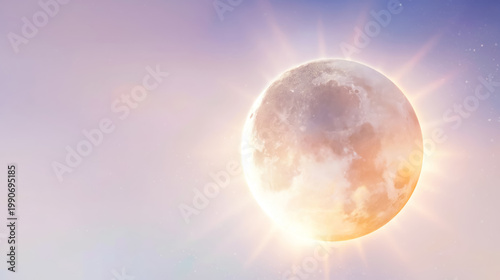 パステルカラーの空に太陽のような黄金の光を放つ巨大な満月、幻想的でスピリチュアルな雰囲気