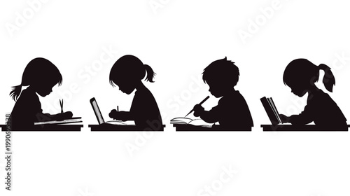 Silhouette images of children, studying and working on books and a laptop
