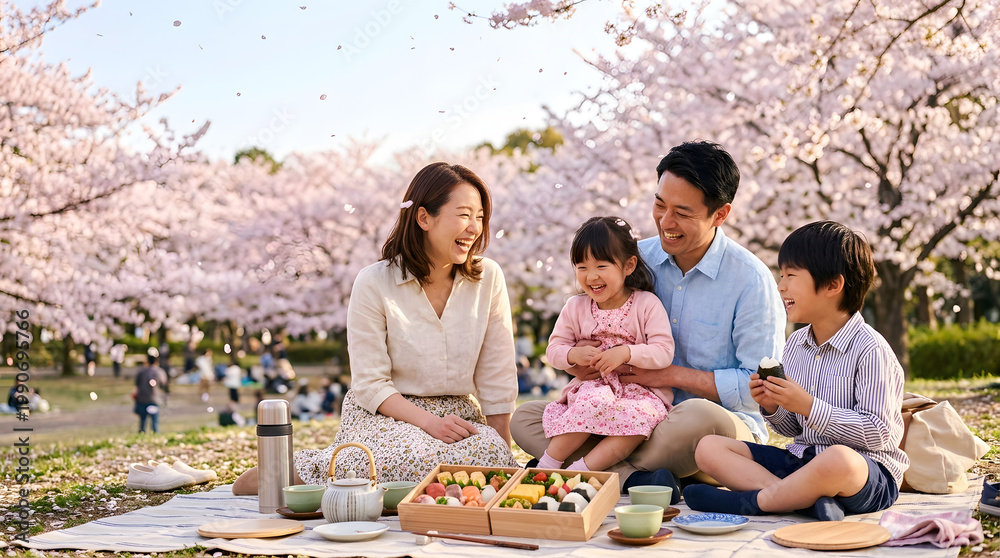 Fototapeta premium Happy family picnic under blooming cherry blossoms in park during spring