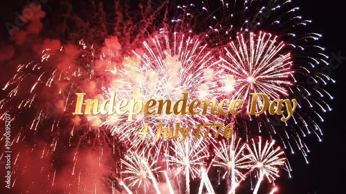 Independence Day July 4 1776 golden text with cinematic fireworks, red white and blue sparks on dark sky, 8K ultra HD 60fps patriotic animation. 2026