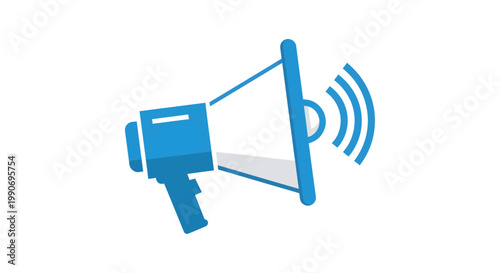Blue megaphone icon with sound waves on white background