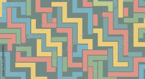 Abstract pattern of interlocking geometric shapes in pastel hues on a grey background