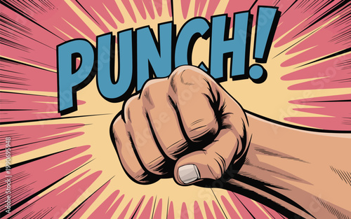 A vibrant pop art illustration displays a powerful human fist with the word PUNCH! in an energetic comic style