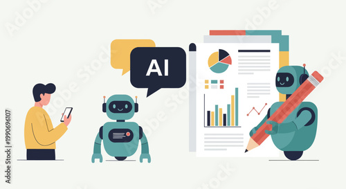 Artificial intelligence illustrations set. Collections of scenes with character communicating to AI chat bot. Neural network technology concept. Vector illustration