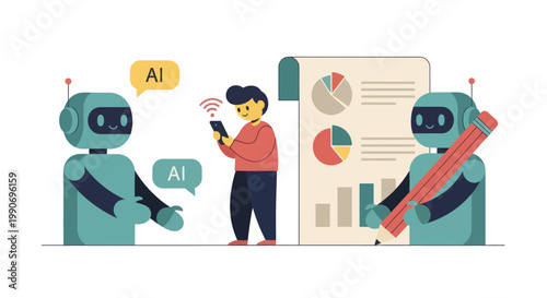 Artificial intelligence illustrations set. Collections of scenes with character communicating to AI chat bot. Neural network technology concept. Vector illustration