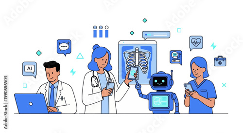 Artificial intelligence in medicine set. Doctor characters use ai tools for patient support, diagnosis, medical analysis. Healthcare technology concept. Vector illustration.