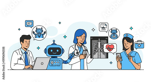 Artificial intelligence in medicine set. Doctor characters use ai tools for patient support, diagnosis, medical analysis. Healthcare technology concept. Vector illustration.