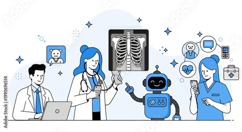 Artificial intelligence in medicine set. Doctor characters use ai tools for patient support, diagnosis, medical analysis. Healthcare technology concept. Vector illustration.