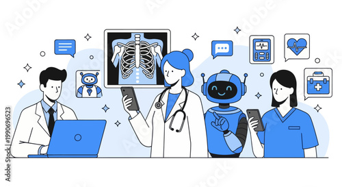 Artificial intelligence in medicine set. Doctor characters use ai tools for patient support, diagnosis, medical analysis. Healthcare technology concept. Vector illustration.
