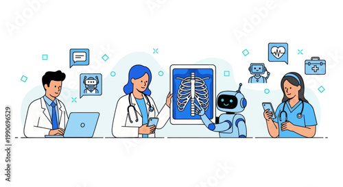 Artificial intelligence in medicine set. Doctor characters use ai tools for patient support, diagnosis, medical analysis. Healthcare technology concept. Vector illustration.