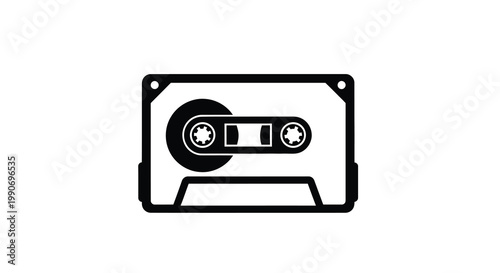 A stark black outline depicts a vintage audio cassette tape silhouette