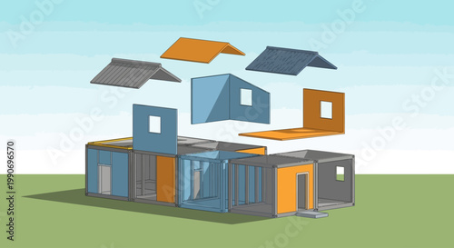 Exploded view of a modular building's components, showcasing construction and assembly