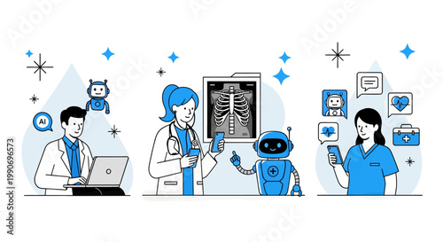 Artificial intelligence in medicine set. Doctor characters use ai tools for patient support, diagnosis, medical analysis. Healthcare technology concept. Vector illustration.