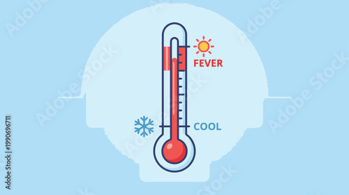 Illustrated medical thermometer showing varying body temperatures, from high fever indicating illness to a cool, healthy state, essential for monitoring health conditions