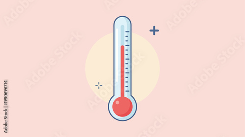 Minimalist flat design illustration of a bright red thermometer showing a significantly high temperature, conveying concepts of heat, fever, and warm weather