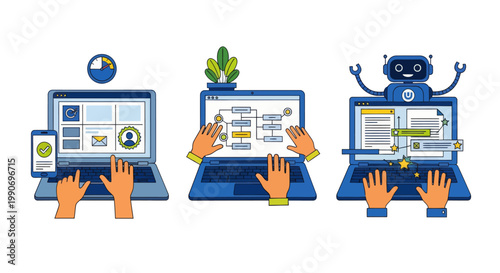 Workflow automation illustration set. Characters hands holding laptops showing smart dashboards, AI automated business processes on screen. Task management, onboarding, artificial intelligence tools