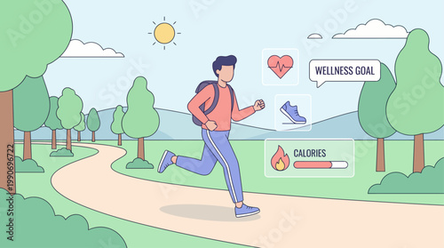 Person jogging in park with digital health monitoring interface displaying wellness goal, calories burned, and shoe activity