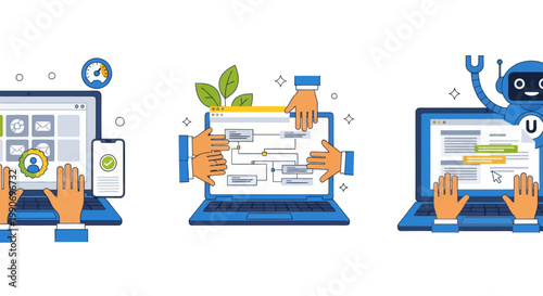 Workflow automation illustration set. Characters hands holding laptops showing smart dashboards, AI automated business processes on screen. Task management, onboarding, artificial intelligence tools