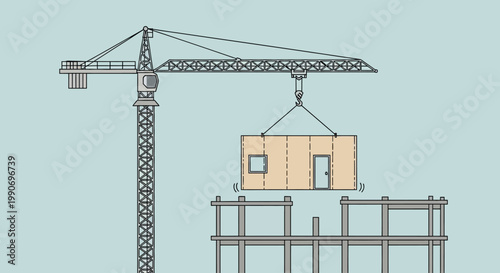 Modern Construction Scene Featuring a Crane Lifting a Prefabricated Building Module onto a Structure