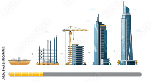 Progressive construction of a modern skyscraper, detailing stages from foundation to completion, symbolizing urban development