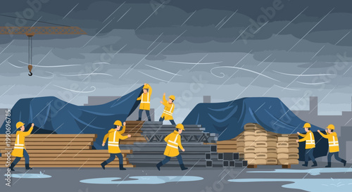 Adverse weather strikes a busy construction zone; alert workers rapidly cover stacked lumber and metal pipes with large tarps to protect assets from severe rain