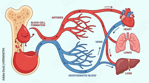 Educational anatomical diagram of the human circulatory system, showcasing blood flow, heart, lungs, liver, and blood cell formation pathways