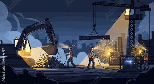 Industrial construction site at night with workers operating heavy machinery and welding steel beams under spotlights