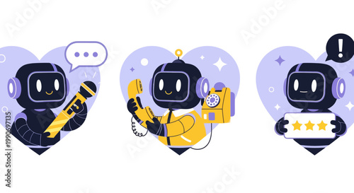 Ai customer support with robot operator character. Hotline, chatbot, helpdesk service vector illustration.