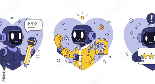 Ai customer support with robot operator character. Hotline, chatbot, helpdesk service vector illustration.
