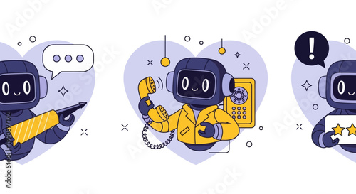Ai customer support with robot operator character. Hotline, chatbot, helpdesk service vector illustration.