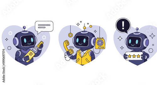 Ai customer support with robot operator character. Hotline, chatbot, helpdesk service vector illustration.