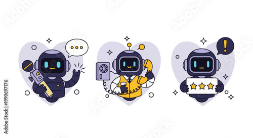 Ai customer support with robot operator character. Hotline, chatbot, helpdesk service vector illustration.