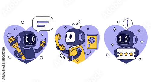 Ai customer support with robot operator character. Hotline, chatbot, helpdesk service vector illustration.