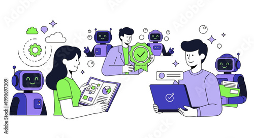 Character using virtual ai agent algorithms to structure data, improve accuracy, productivity. Automated document processing concept set. Vector illustration