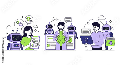 Character using virtual ai agent algorithms to structure data, improve accuracy, productivity. Automated document processing concept set. Vector illustration
